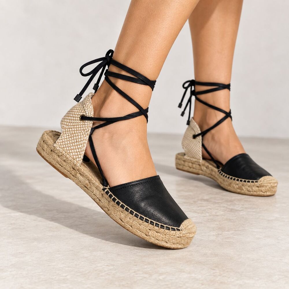 Soludos Black Leather Lace Up Espadrille Sandals Women's 8 Platform Ankle Wrap